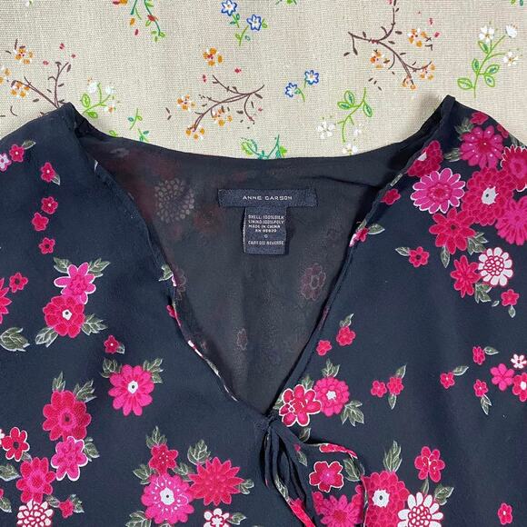 VTG Y2K Flare Bell Sleeve Top Silk Floral Black Whimsigoth Romantic Witchy Small - Picture 4 of 5